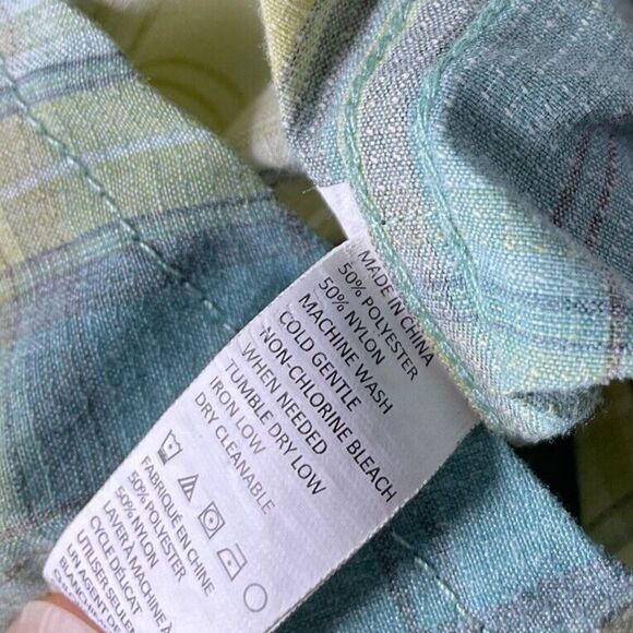 PRANA Shirt Mens Small S Green Yellow Plaid Button Up Long Sleeve Nylon Blend - Picture 9 of 9